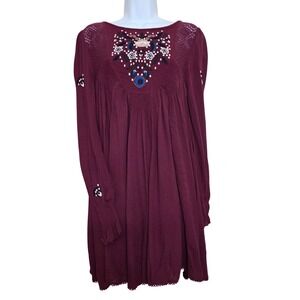 Free People Embroidered Long Sleeve Mini Dress‎ Plum Mohave Boho Festival Small